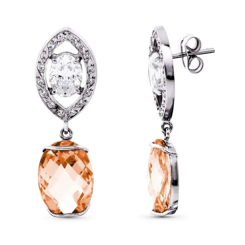Pendientes oro blanco 18k mujer largos 35 mm. piedra centro combinada