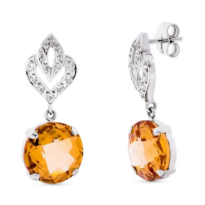 Pendientes oro blanco 18k mujer largos 29 mm. flor calada circonitas