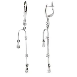 Pendientes oro blanco 18k mujer largos 59 mm. Circonitas cierre palil