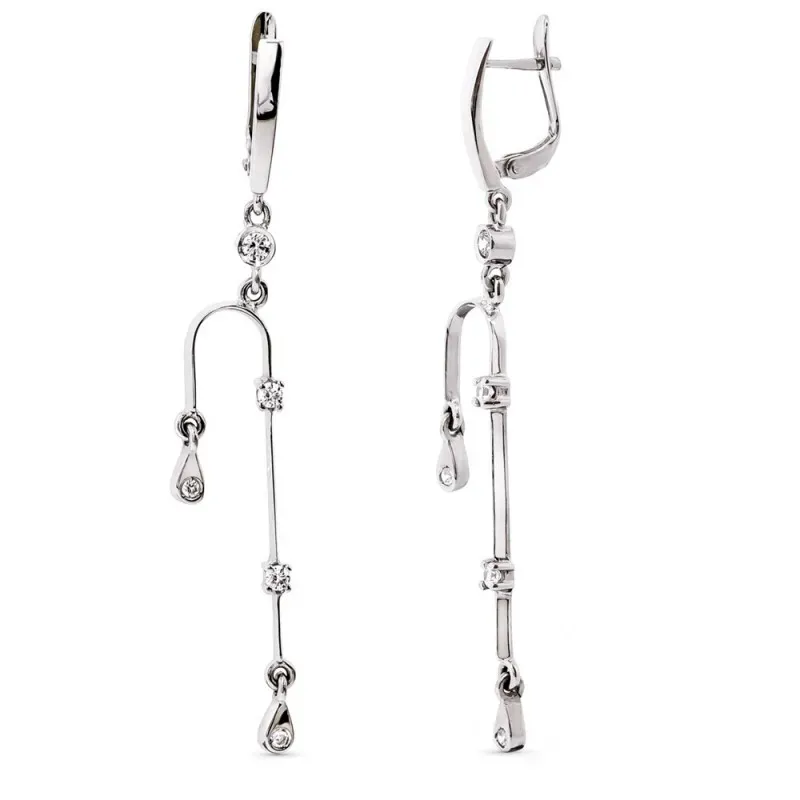 Pendientes oro blanco 18k mujer largos 59 mm. Circonitas cierre palil