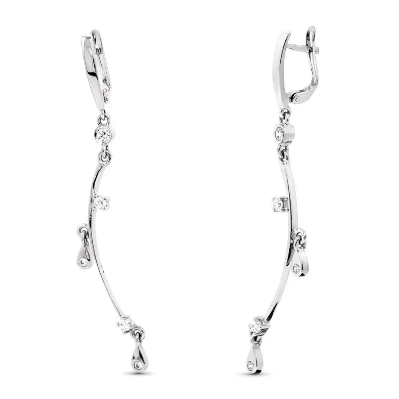 Pendientes oro blanco 18k mujer largos 57 mm. forma combinada circoni