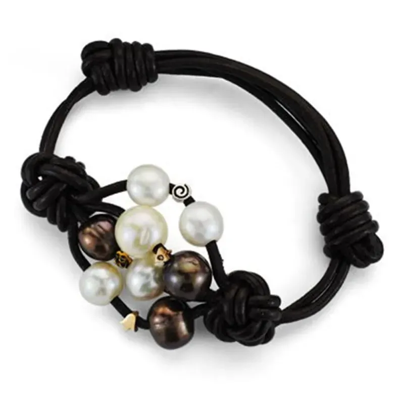 Pulsera oro bicolor 18k cuero mujer nudos perlas color combinadas dia