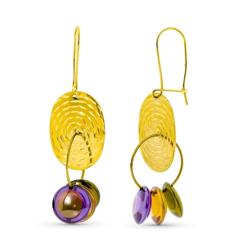 Pendientes oro 18k mujer largos chapa ovalada tallada combinada piedr