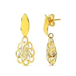 Pendientes oro 18k mujer largos flor ovalada combinada detalles calad