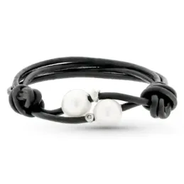 Pulsera oro blanco 18k cuero mujer nudos perlas combinados diamante t