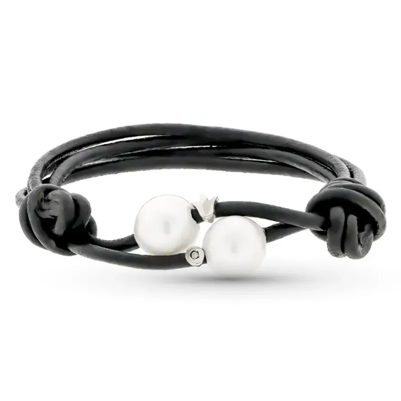 Pulsera oro blanco 18k cuero mujer nudos perlas combinados diamante t