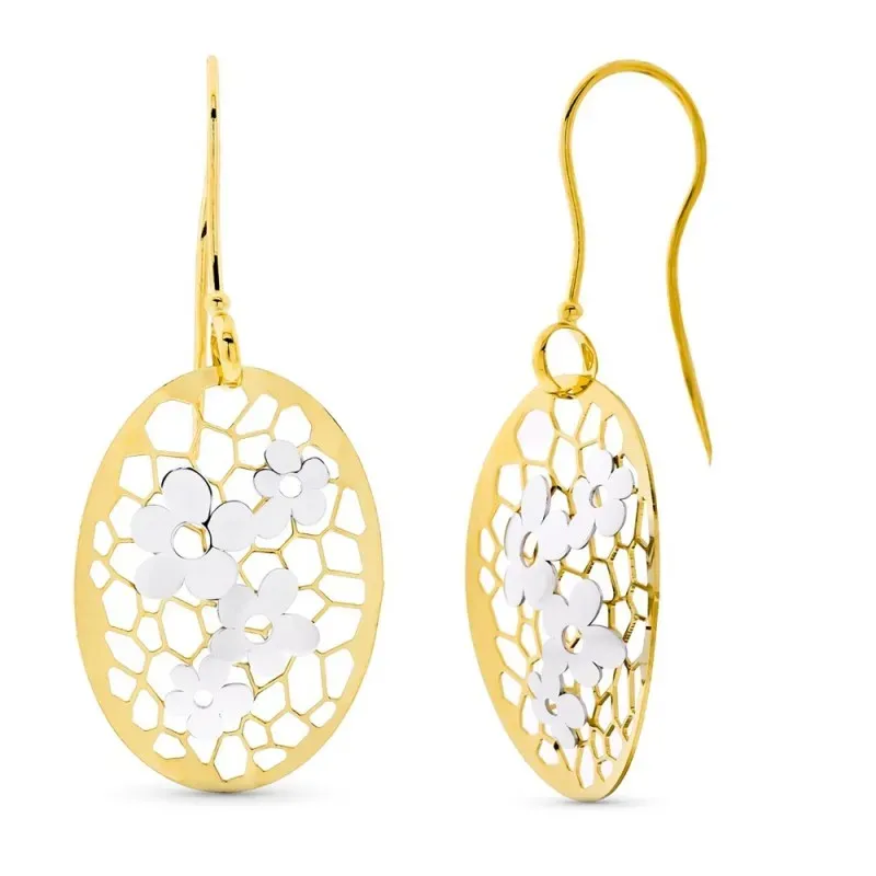 Pendientes oro bicolor 18k mujer largos ovalados flor combinada forma