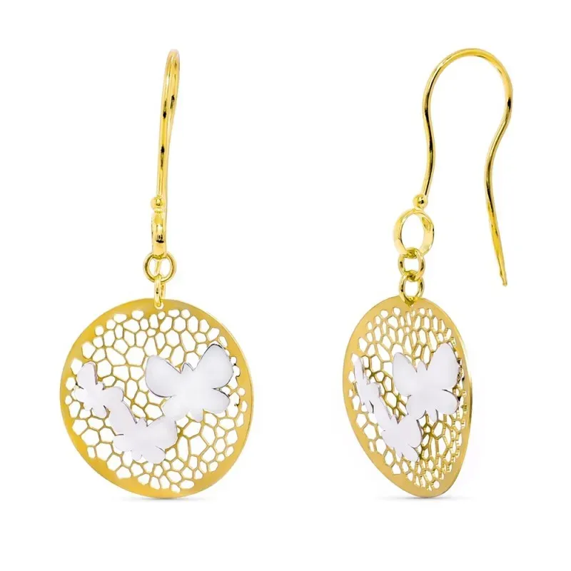 Pendientes oro bicolor 18k mujer largos 43 mm. mariposa combinada for