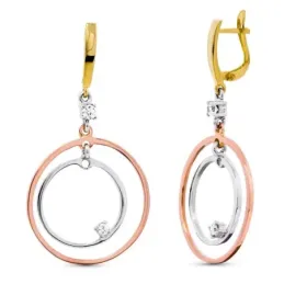 Pendientes oro tricolor 18k mujer largos 45 mm. círculos calados comb