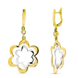 Pendientes oro bicolor 18k mujer largos flores combinadas caladas cie