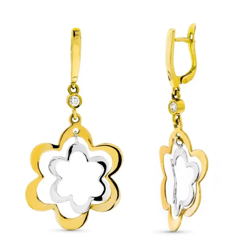 Pendientes oro bicolor 18k mujer largos flores combinadas caladas cie
