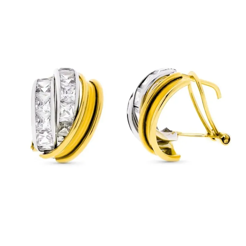 Pendientes oro bicolor 18k mujer bandas circonitas combinadas lisas c