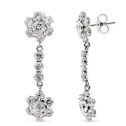 Pendientes oro blanco 18k mujer largos dos cuajos forma flor circonit