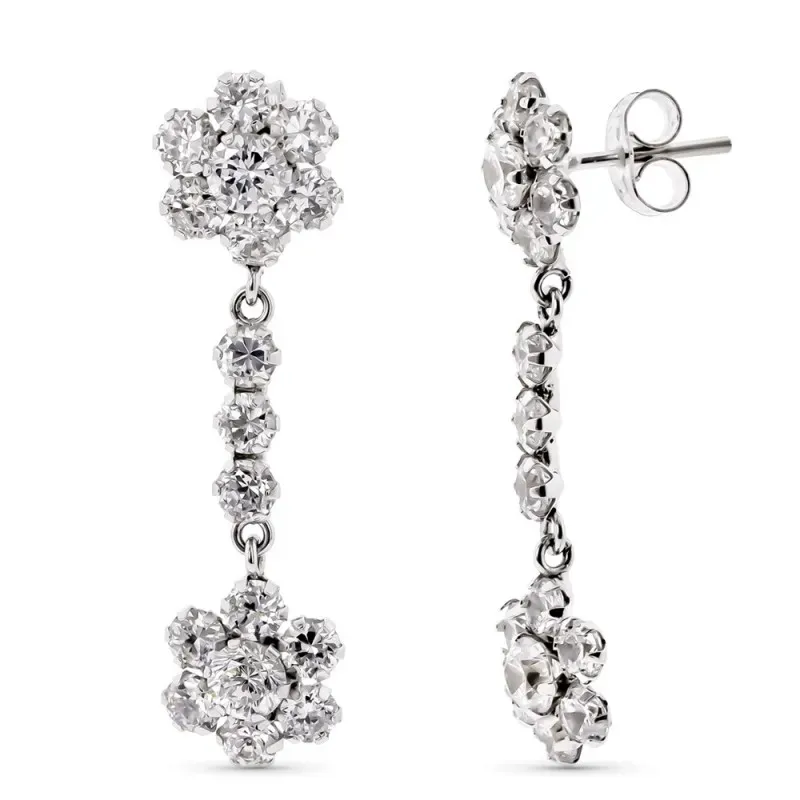 Pendientes oro blanco 18k mujer largos dos cuajos forma flor circonit