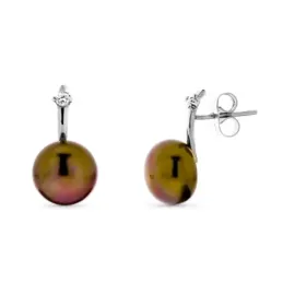 Pendientes oro blanco 18k mujer perla 10 mm. botón marrón presión