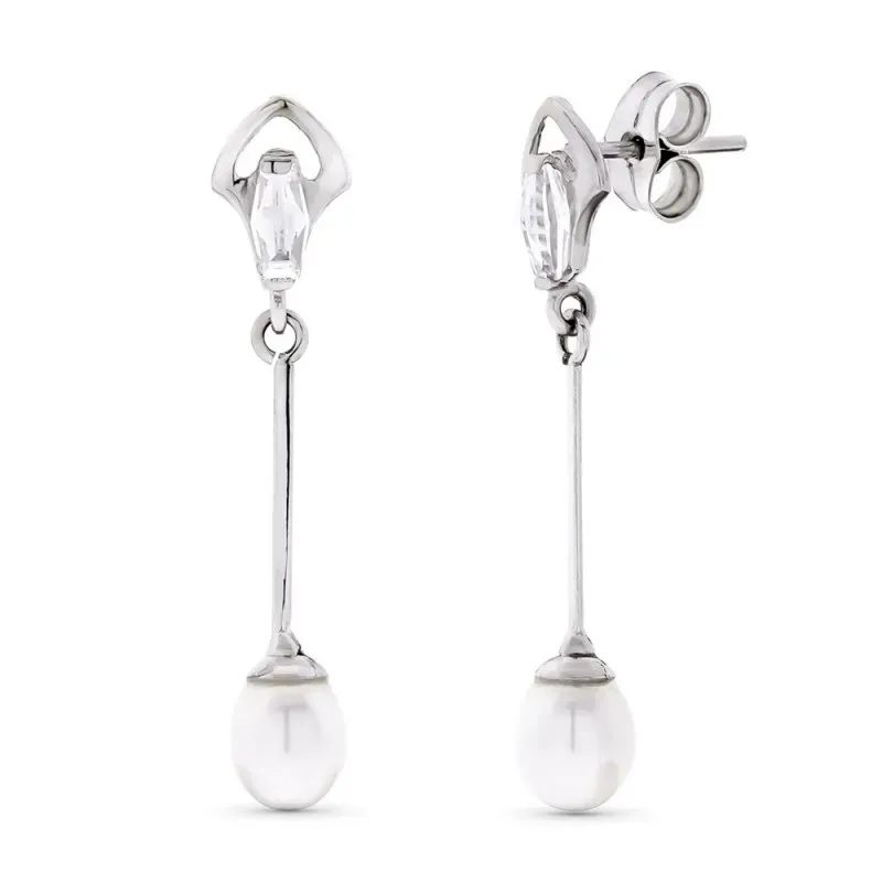 Pendientes oro blanco 18k mujer largos perlas presión