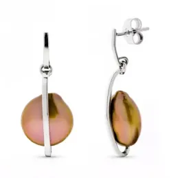 Pendientes oro blanco 18k mujer largos barra vertical combinada perla