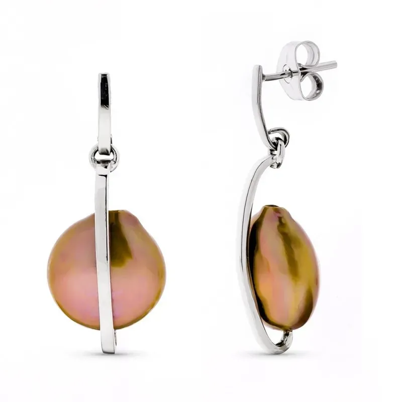 Pendientes oro blanco 18k mujer largos barra vertical combinada perla