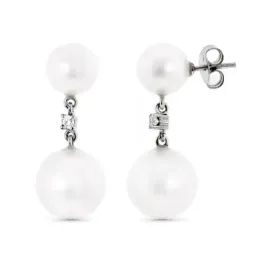 Pendientes oro blanco 18k mujer largos perlas combinadas presión