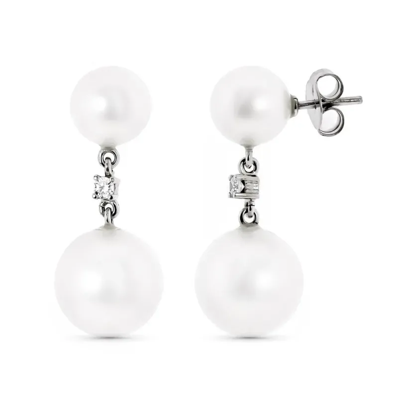 Pendientes oro blanco 18k mujer largos perlas combinadas presión