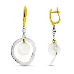 Pendientes oro bicolor 18k mujer largos perla 10 mm. cierre palillo c