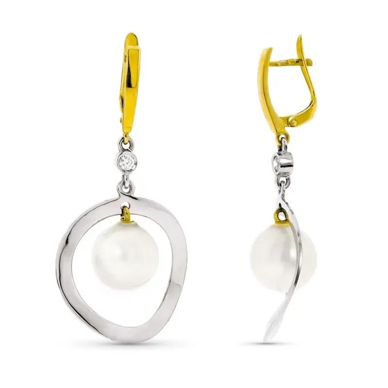 Pendientes oro bicolor 18k mujer largos perla 10 mm. cierre palillo c