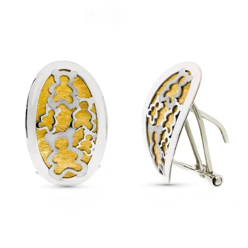 Pendientes oro bicolor 18k mujer ovalados ositos calados mate brillo