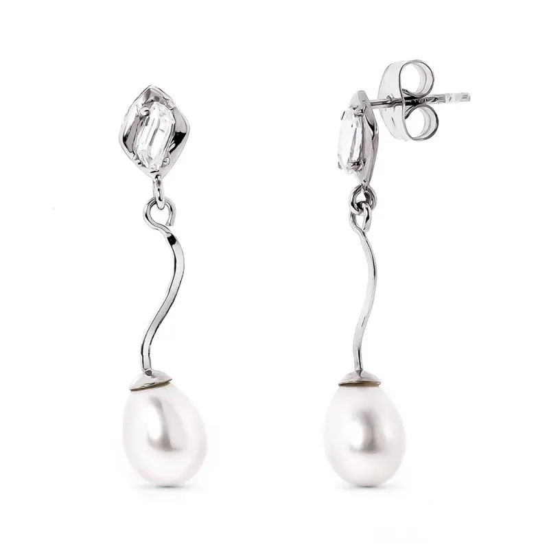 Pendientes oro blanco 18k mujer largos perlas combinadas circonitas p