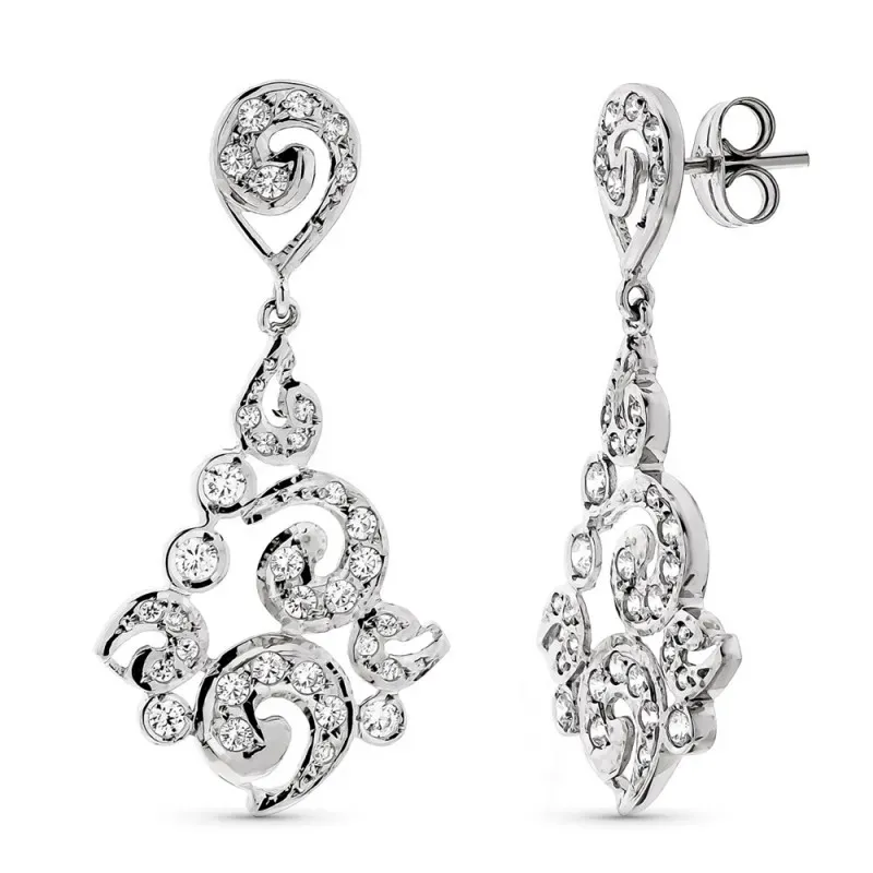 Pendientes oro blanco 18k mujer largos filigrana presión