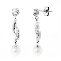 Pendientes oro blanco 18k mujer largos perlas combinadas circonitas g
