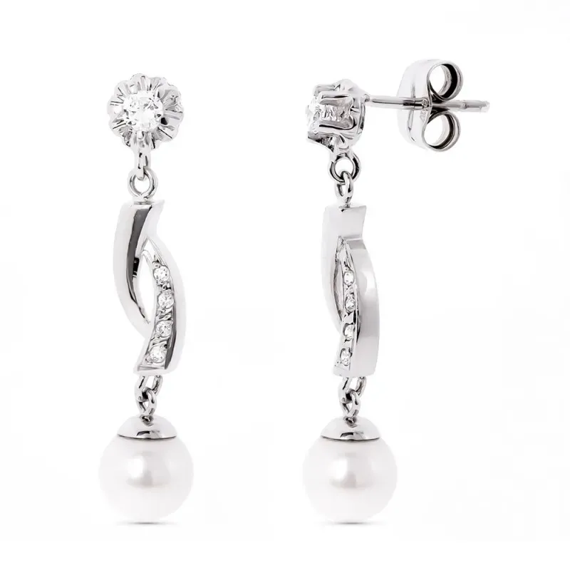 Pendientes oro blanco 18k mujer largos perlas combinadas circonitas g