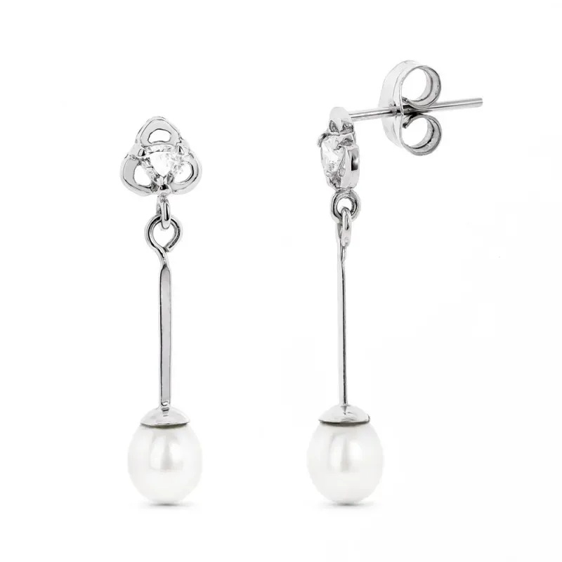 Pendientes oro blanco 18k mujer largos circonitas combinadas perlas f