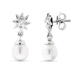 Pendientes oro blanco 18k mujer largos 18 mm. estrella combinada perl