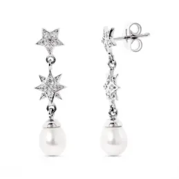 Pendientes oro blanco 18k mujer largos estrellas combinadas circonita