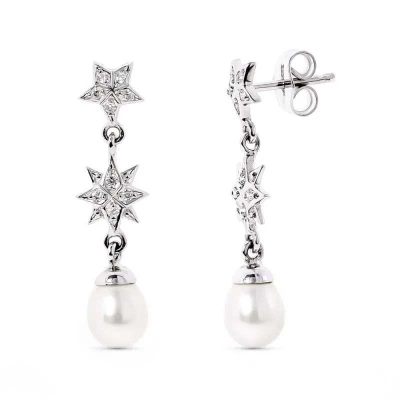 Pendientes oro blanco 18k mujer largos estrellas combinadas circonita