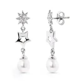 Pendientes oro blanco 18k largos perlas estrellas combinadas circonit