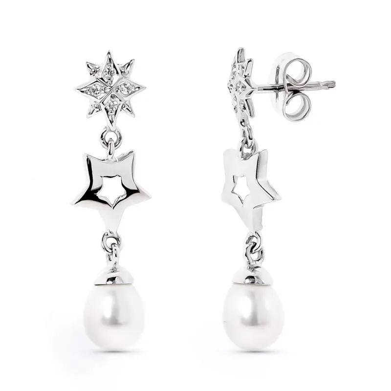 Pendientes oro blanco 18k largos perlas estrellas combinadas circonit