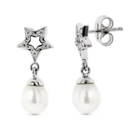 Pendientes oro blanco 18k largos dos cuerpos estrella calada combinad