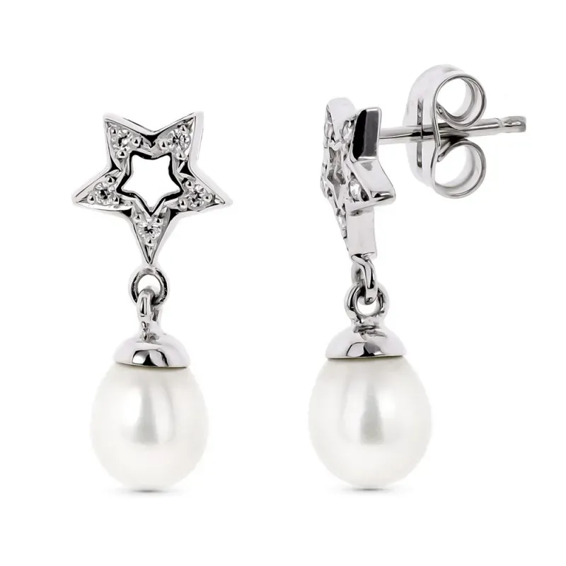 Pendientes oro blanco 18k largos dos cuerpos estrella calada combinad