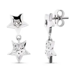 Pendientes oro blanco 18k largos estrellas combinadas presión