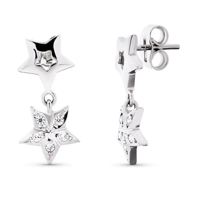Pendientes oro blanco 18k largos estrellas combinadas presión