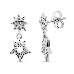 Pendientes oro blanco 18k mujer largos 17 mm. estrellas combinadas ci