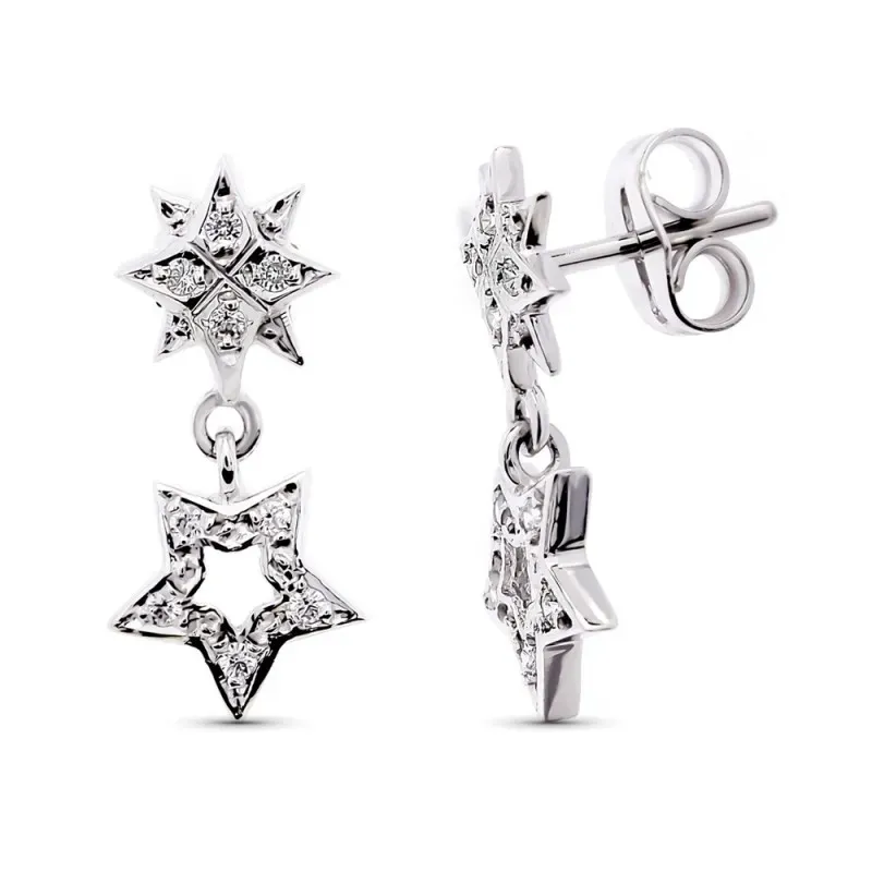 Pendientes oro blanco 18k mujer largos 17 mm. estrellas combinadas ci