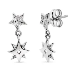 Pendientes oro blanco 18k mujer largos 17 mm. estrellas lisas combina