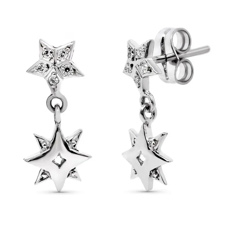 Pendientes oro blanco 18k mujer largos 17 mm. estrellas lisas combina