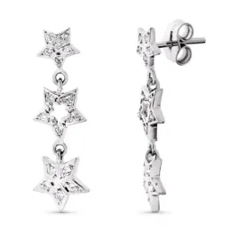 Pendientes oro blanco 18k mujer largos 27 mm. estrellas circonitas pr
