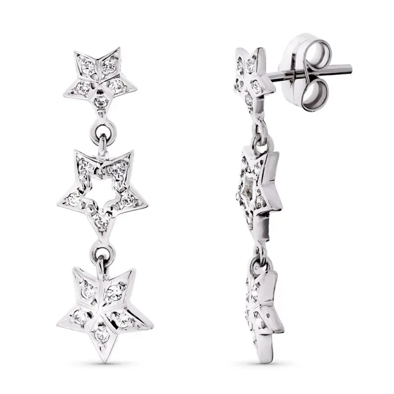 Pendientes oro blanco 18k mujer largos 27 mm. estrellas circonitas pr