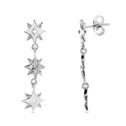 Pendientes oro blanco 18k mujer largos 28 mm. tres estrellas circonit