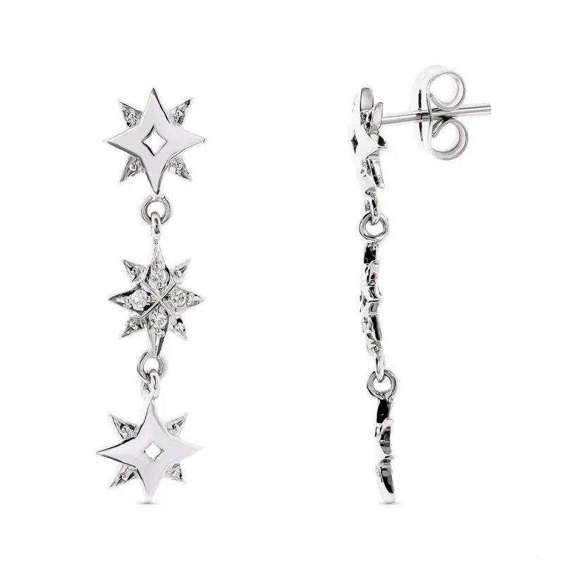 Pendientes oro blanco 18k mujer largos 28 mm. tres estrellas circonit