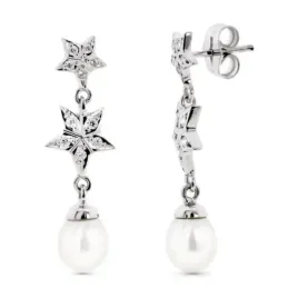 Pendientes oro blanco 18k mujer largos estrellas combinadas perlas pr